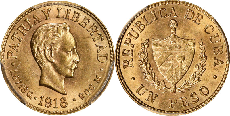 CUBA. Gold Peso, 1916. Philadelphia Mint. PCGS MS-64.
Fr-7; KM-16.

Estimate:...