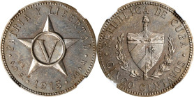 CUBA. 5 Centavos, 1915. Philadelphia Mint. NGC PROOF-63.
KM-11.1.

Estimate: $400.00- $600.00