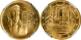 CZECHOSLOVAKIA. Gold Medallic Ducat, ND (1968). Kremnica Mint. NGC MS-67.
Fr-Unlisted; KM-Unlisted; Novotny-Unlisted. Mintage: 200. Obverse: Male and...