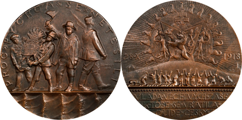 CZECHOSLOVAKIA. Creation of Czechoslovakia Bronze Medal, 1919. ALMOST UNCIRCULAT...