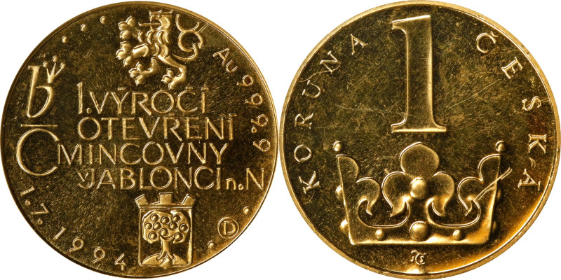 CZECH REPUBLIC. Gold Medallic Koruna, 1994. Czech (Jablonec nad Nisou) Mint. ANA...