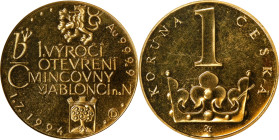 CZECH REPUBLIC. Gold Medallic Koruna, 1994. Czech (Jablonec nad Nisou) Mint. ANACS PROOF-62.
Fr-Unlisted; KM-Unlisted. Commemorating the 1st Annivers...