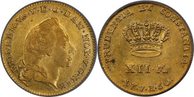 DENMARK. 12 Mark (Courant Ducat), 1760-W VH. Copenhagen Mint. Frederik V. PCGS AU-55.
Fr-269; KM-587.3.
From the Augustana Collection.

Estimate: ...