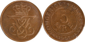 DENMARK. 5 Ore, 1907-VBP GJ. Copenhagen Mint. Frederik VIII. PCGS MS-65 Brown.
KM-806.

Estimate: $50.00- $75.00