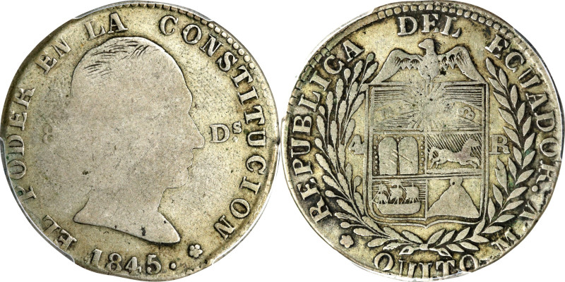 ECUADOR. 4 Reales, 1845-MV A. Quito Mint. PCGS F-12.
KM-29. A SCARCE one year t...