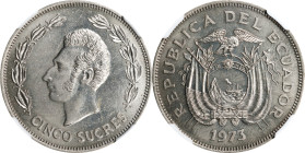 ECUADOR. 5 Sucres, 1973. NGC MS-64.
KM-84. Original Mintage: 500. According to Krause, much of the original mintage was reported to have been melted....