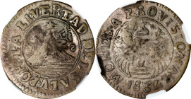 EL SALVADOR. 2 Reales, ND (ca. 1836). NGC F-12.
KM-26 (plate coin). Countermark: Unattributed "SAP" or "SALP" monogram within toothed border. Applied...