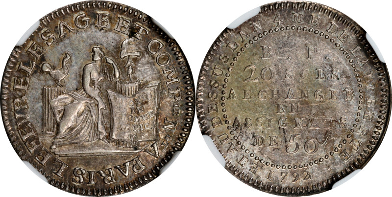 FRANCE. Constitution Period. Lefevre Lesage & Company. Silver 20 Sols, 1792. NGC...