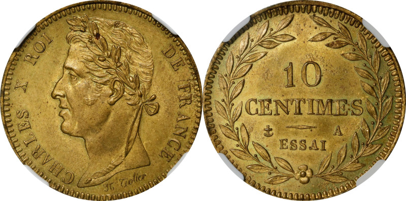 FRANCE. Brass 10 Centimes Essai (Pattern), ND (1825). Paris Mint. Charles X. NGC...