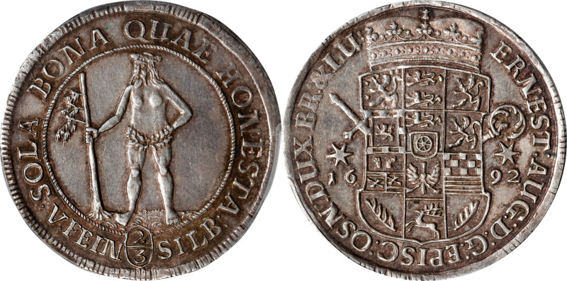 GERMANY. Brunswick-Luneburg: Calenberg. 2/3 Taler, 1692. Zellerfeld Mint. Ernst ...