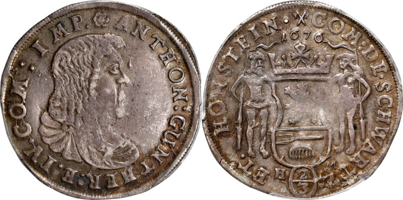 GERMANY. Schwarzburg-Arnstadt. 2/3 Taler, 1676-HM. Anton Guenther II. PCGS AU-50...