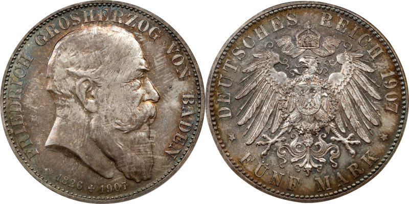 GERMANY. Baden. 5 Mark, 1907. Karlsruhe Mint. Friedrich II. PCGS MS-66.
KM-279;...