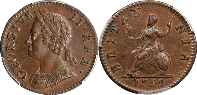 GREAT BRITAIN. Farthing, 1754. London Mint. George II. PCGS MS-63 Brown.
S-3722...