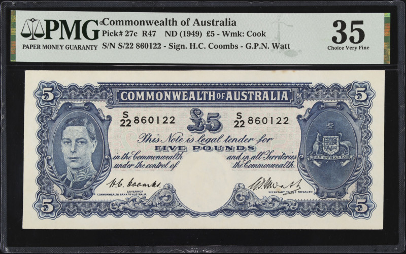 AUSTRALIA. Commonwealth Bank of Australia. 5 Pounds, ND (1949). P-27c. PMG Choic...