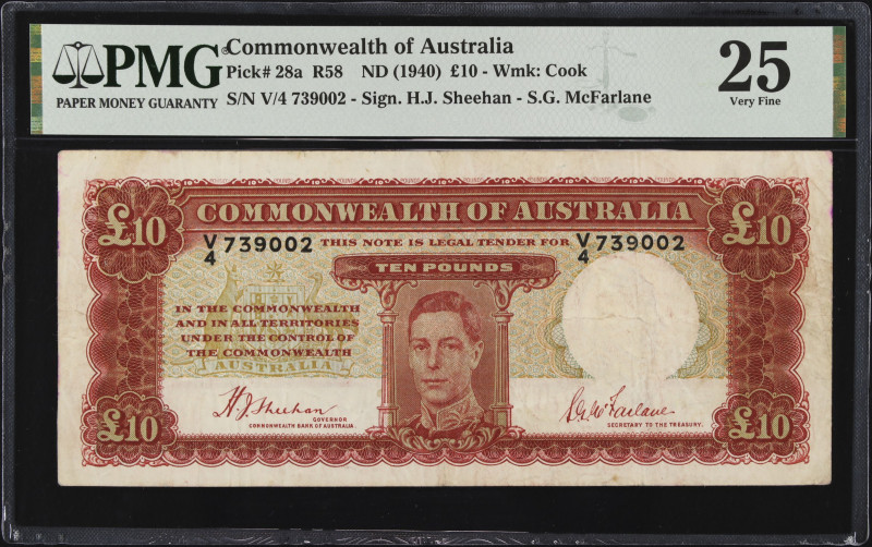 AUSTRALIA. Commonwealth Bank of Australia. 10 Pounds, ND (1940). P-28a. PMG Very...