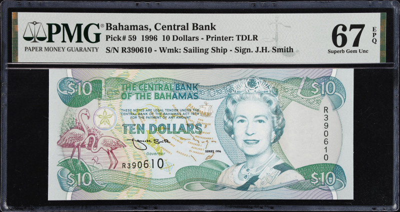 BAHAMAS. The Central Bank of the Bahamas. 10 Dollars, 1996. P-59. PMG Superb Gem...