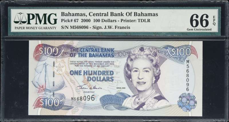 BAHAMAS. The Central Bank of the Bahamas. 100 Dollars, 2000. P-67. PMG Gem Uncir...