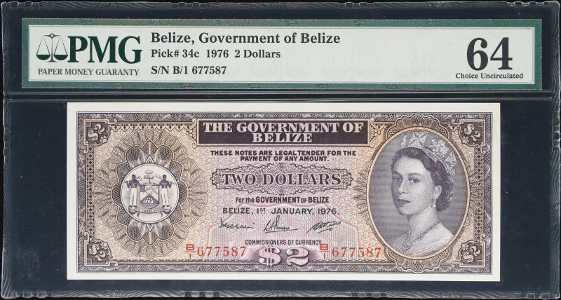 BELIZE. Government of Belize. 2 Dollars, 1976. P-34c. PMG Choice Uncirculated 64...