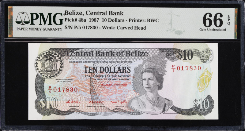 BELIZE. Central Bank of Belize. 10 Dollars, 1987. P-48a. PMG Gem Uncirculated 66...