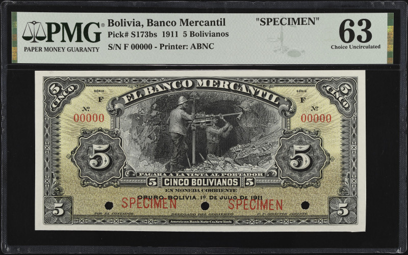 BOLIVIA. El Banco Mercantil. 5 Bolivianos, 1911. P-S173bs. Specimen. PMG Choice ...