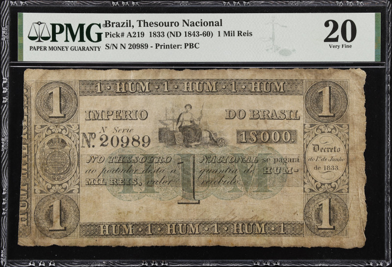 BRAZIL. Thesouro Nacional. 1 Mil Reis, 1833. P-A219. PMG Very Fine 20.
PMG comm...