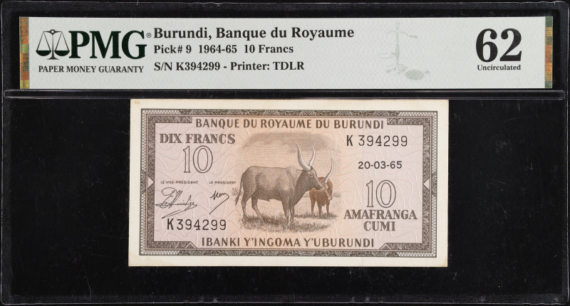 BURUNDI. Banque du Royaume. 10 Francs, 1965. P-9. PMG Uncirculated 62.
PMG comm...