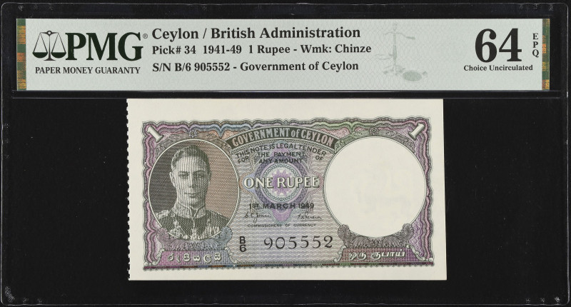 CEYLON. Government of Ceylon. 1 Rupee, 1941-49. P-34. PMG Choice Uncirculated 64...