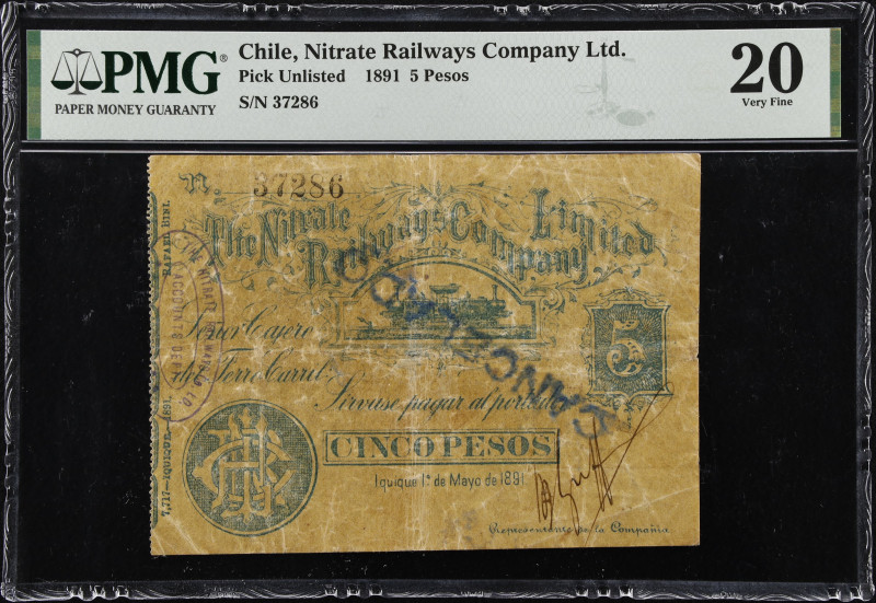 CHILE. Nitrate Railways Company Limited. 5 Pesos, 1891. P-Unlisted. PMG Very Fin...