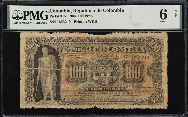 COLOMBIA. Republica de Columbia. 100 Pesos, 1904. P-315. PMG Good 6 Net. Tape Re...