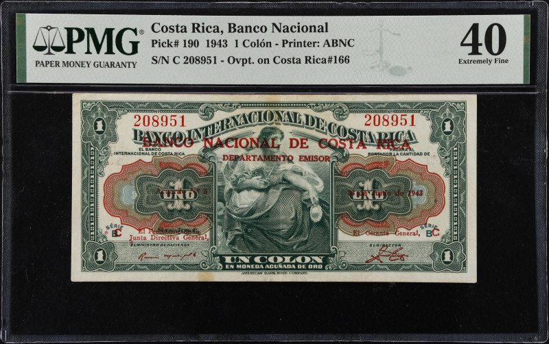 COSTA RICA. Banco Nacional de Costa Rica. 1 Colon, 1943. P-190. PMG Extremely Fi...