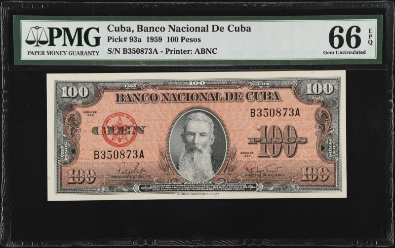 CUBA. Banco Nacional de Cuba. 100 Pesos, 1959. P-93a. PMG Gem Uncirculated 66 EP...