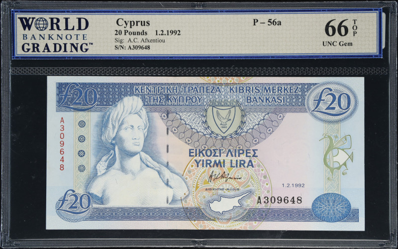 CYPRUS. Central Bank of Cyprus. 20 Pounds, 1992. P-56a. WBG Gem Uncirculated 66 ...