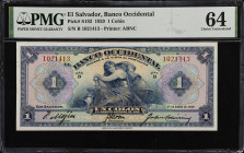 EL SALVADOR. Banco Occidental. 1 Colon, 1929. P-S192. PMG Choice Uncirculated 64.
Always sought after in this grade level.

Estimate: $400.00- $700...