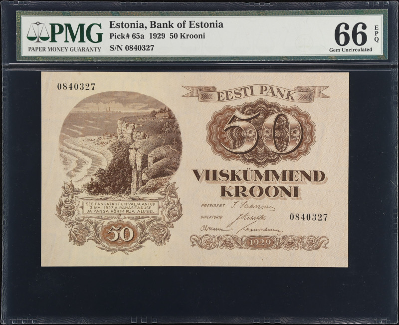 ESTONIA. Bank of Estonia. 50 Krooni, 1929. P-65a. PMG Gem Uncirculated 66 EPQ.
...