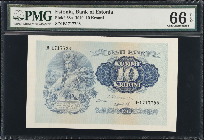 ESTONIA. Bank of Estonia. 10 Krooni, 1940. P-68a. PMG Gem Uncirculated 66 EPQ.
...