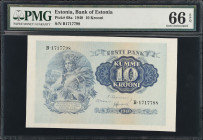 ESTONIA. Bank of Estonia. 10 Krooni, 1940. P-68a. PMG Gem Uncirculated 66 EPQ.

Estimate: $300.00- $500.00