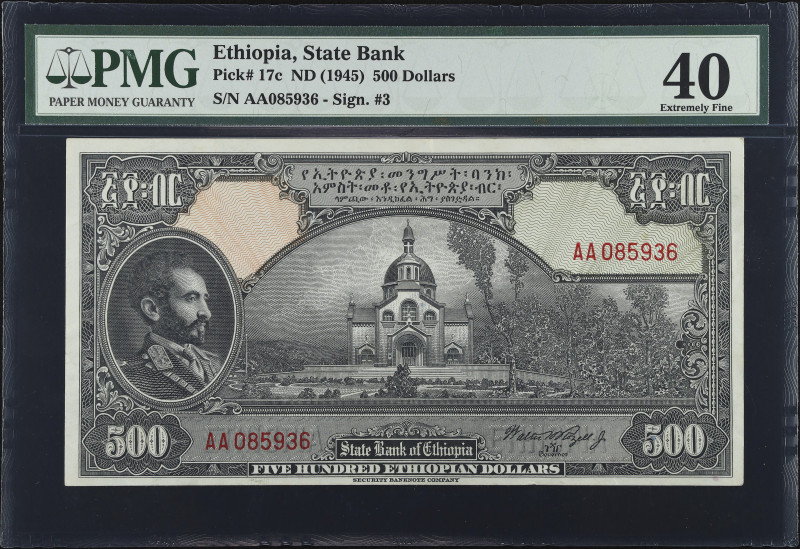 ETHIOPIA. State Bank of Ethiopia. 500 Dollars, ND (1945). P-17c. PMG Extremely F...