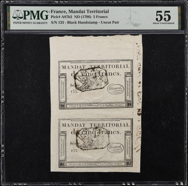 FRANCE. Tresorerie Nationale. 5 Francs, ND (1796). P-A87b2. Uncut Pair. PMG Abou...