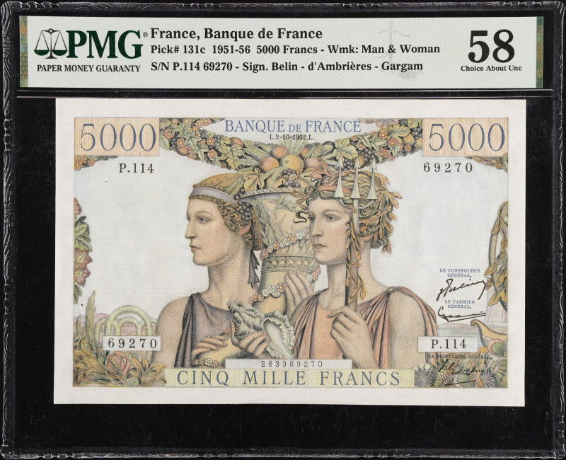 FRANCE. Banque de France. 5000 Francs, 1952. P-131c. PMG Choice About Uncirculat...