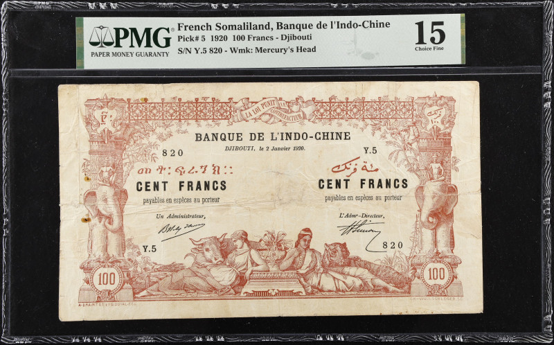 FRENCH SOMALILAND. Banque de L'Indo-Chine. 100 Francs, 1920. P-5. PMG Choice Fin...