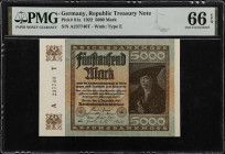 GERMANY. Lot of (6). Reichsbank. 100, 1000, 5000 & 50,000 Mark, 1908-22. P-34, 44b, 69a, 76b, 80 & 81a. PMG Choice Uncirculated 64 EPQ to Superb Gem U...