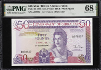 GIBRALTAR. Lot of (2). Government of Gibraltar. 50 Pounds, 1986. P-24. Consecutive. PMG Superb Gem Uncirculated 68 EPQ.

Estimate: $250.00- $450.00