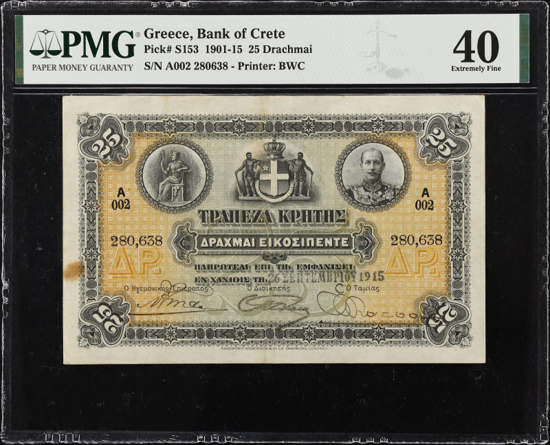 GREECE. Bank of Crete. 25 Drachmai, 1915. P-S153. PMG Extremely Fine 40.
PMG co...