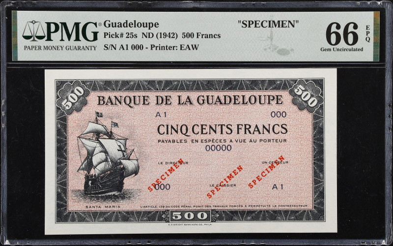 GUADELOUPE. Banque de la Guadeloupe. 500 Francs, ND (1942). P-25s. Specimen. PMG...