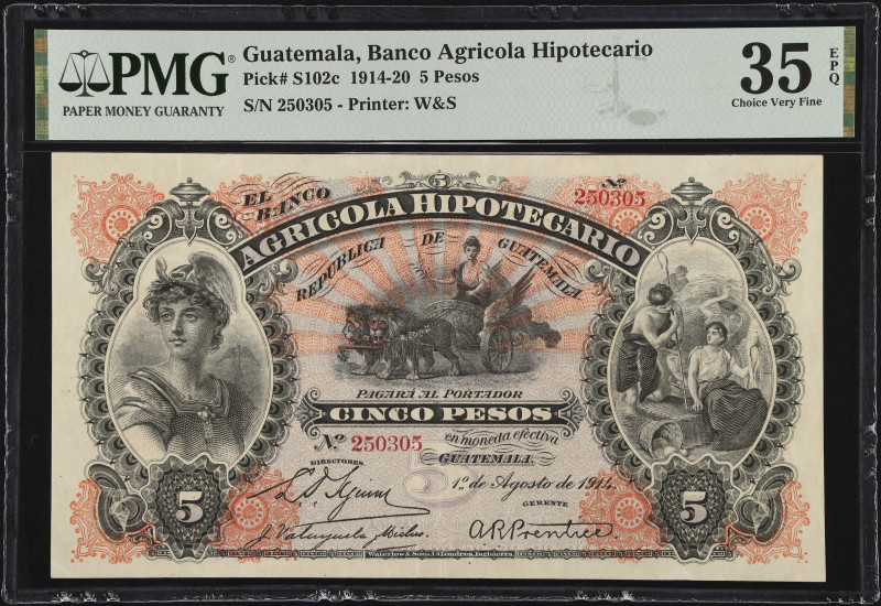 GUATEMALA. El Banco Agricola Hipotecario. 5 Pesos, 1914-20. P-S102c. PMG Choice ...