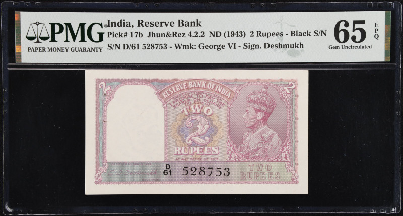 INDIA. Reserve Bank of India. 2 Rupees, ND (1943). P-17b. PMG Gem Uncirculated 6...