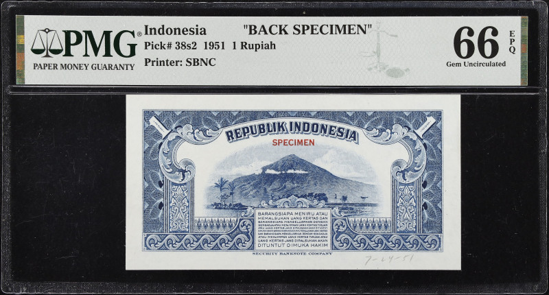 INDONESIA. Republik Indonesia. 1 Rupiah, 1951. P-38s2. Back Specimen. PMG Gem Un...