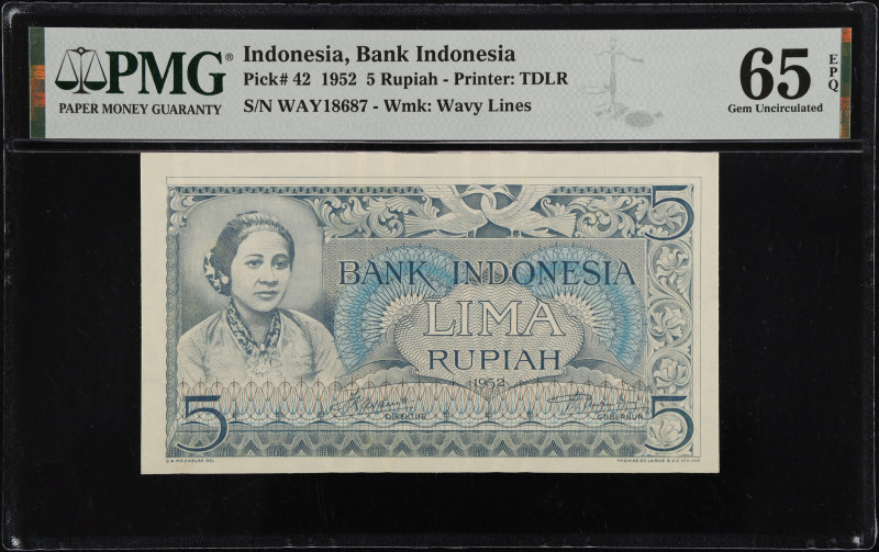 INDONESIA. Bank Indonesia. 5 Rupiah, 1952. P-42. PMG Gem Uncirculated 65 EPQ.
...