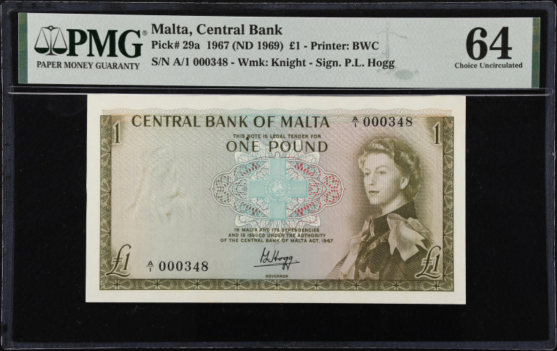 MALTA. Central Bank of Malta. 1 Pound, 1967. P-29a. PMG Choice Uncirculated 64....