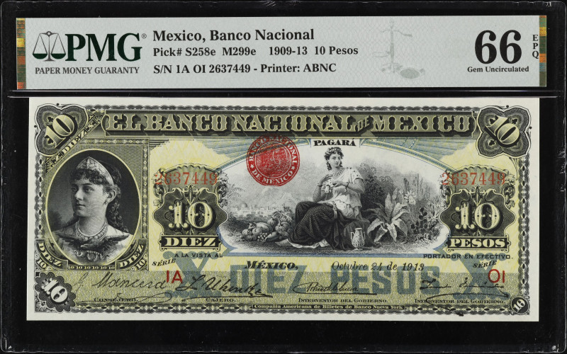 MEXICO. El Banco Nacional de Mexico. 10 Pesos, 1909-13. P-S258e ; M299e PMG Gem ...